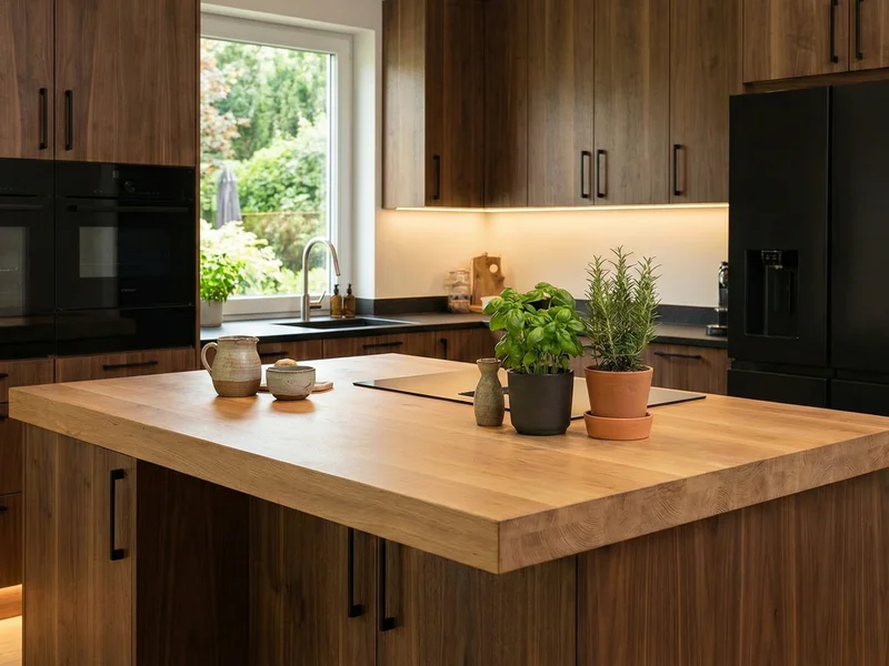 Ambiance bois cuisine avec potager d'intérieur et plantes vertes