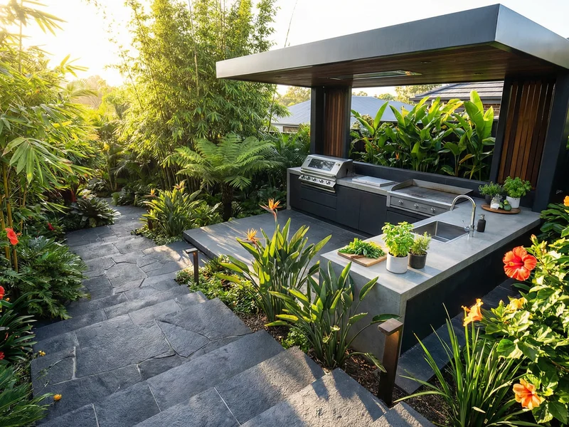 Allées de jardin en pas japonais et cuisine extérieure à La Réunion