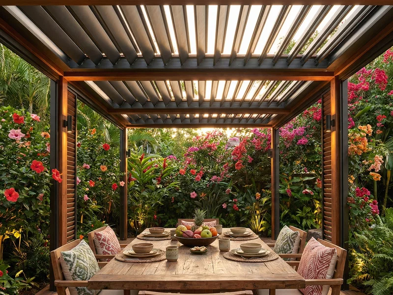 Pergola bioclimatique et végétation luxuriante dans un jardin pièce à vivre