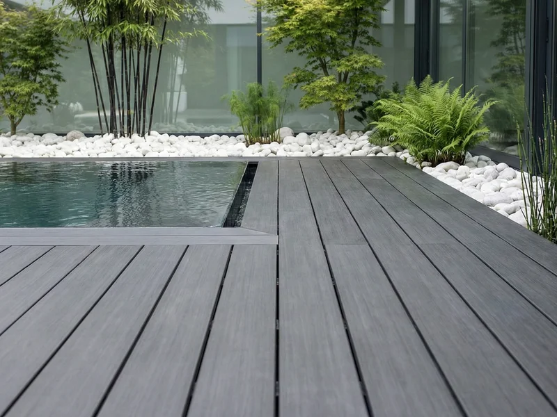 Deck en bambou élégant et écologique autour d'une piscine moderne