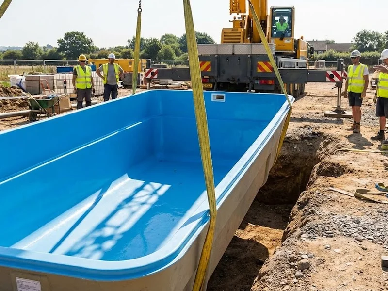 Installation rapide d'une piscine coque monobloc par grue dans un jardin en cours d'aménagement.