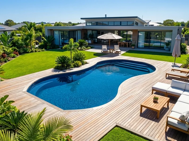 Aménagement paysager moderne autour d'une piscine coque, créant un espace de vie extérieur harmonieux.
