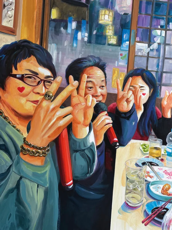 Peinture d'Aurélie Quentin : Scène d'izakaya avec couleurs vives et lignes dynamiques