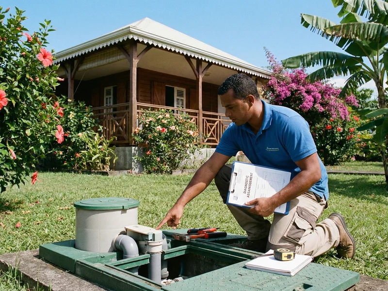 Diagnostic assainissement : un technicien vérifie les pièces vente immobilière liées à l'installation à La Réunion.