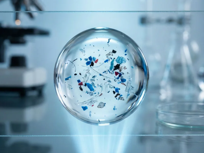 Microscope montrant des microplastiques dans une goutte d'eau, illustrant la menace sur la qualité eau robinet.