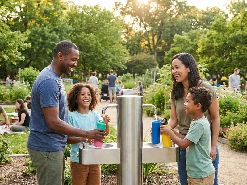 Famille remplissant des gourdes réutilisables à une fontaine, symbolisant l'action collective pour la pureté de l'eau.