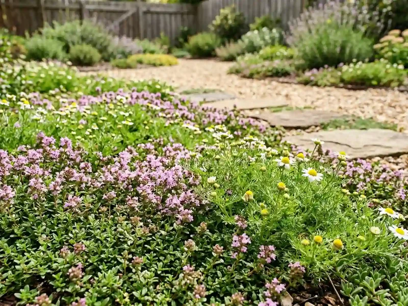Un coin de jardin sauvage bien entretenu, avec des fleurs indigènes et des insectes pollinisateurs.
