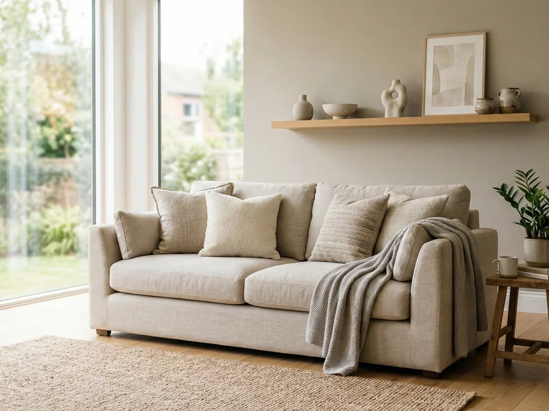 Salon minimalisme chaleureux avec canapé en lin et tapis texturé