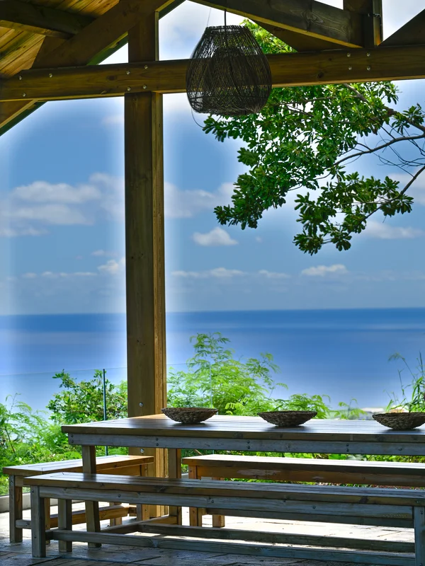 Abri en bois avec charpente apparente et salon en osier à la Villa Prestige