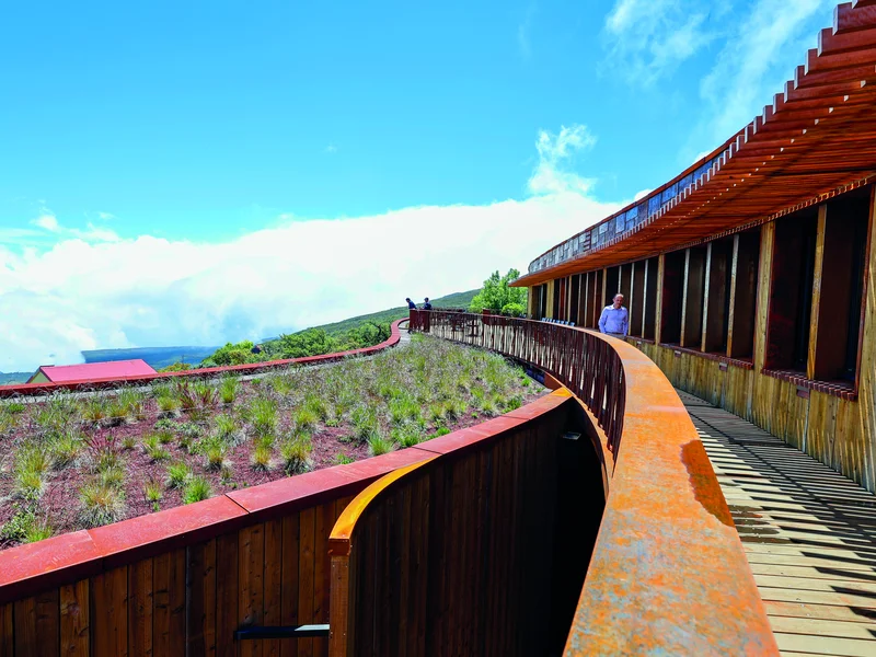Façade en bois brûlé et matériaux écologiques du gîte de la Fournaise