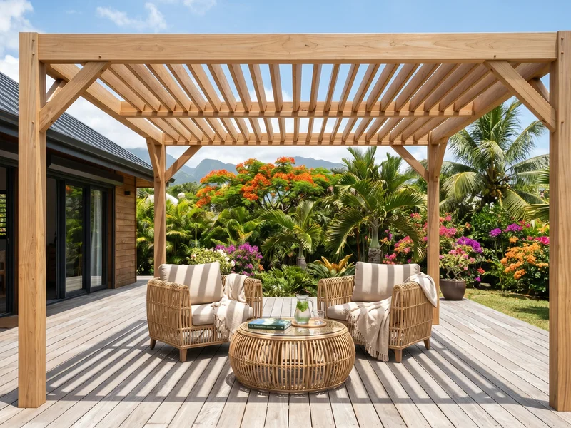 Pergola Réunion adossée avec lames orientables protégeant une terrasse ensoleillée