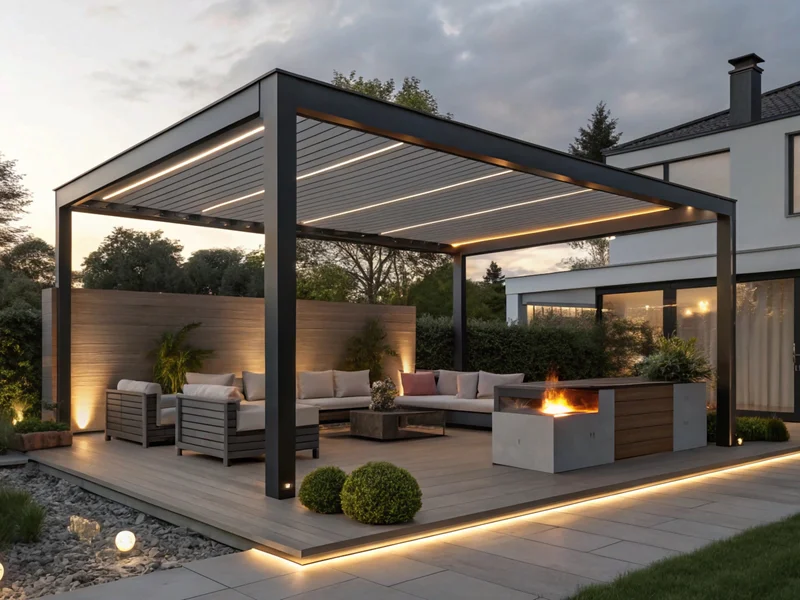 Grande pergola à deux modules couvrant un espace repas et détente près d'une piscine