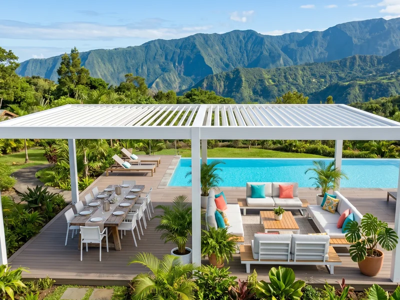 Stores zip micro-perforés fermés sur une pergola, offrant intimité et protection solaire